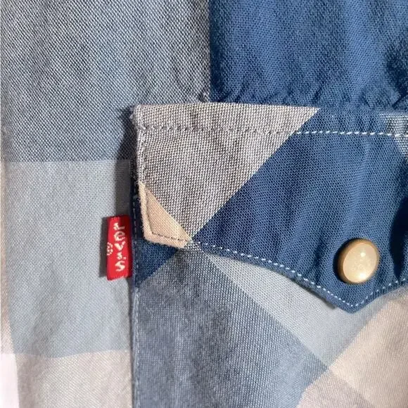 Levi’s Shirt Mens L Blue Checkered Short Sleeve Pearl Snap Western Cowboy Casual - Picture 4 of 11
